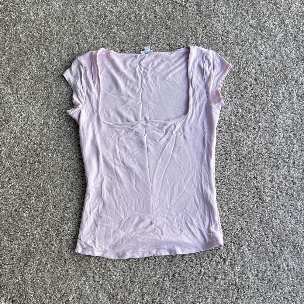 Garage Shirt Womens XS Pink Square Neck Short Sleeve Slim Jersey Top Casual